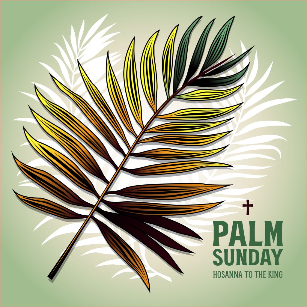 Palm Sunday holiday card, poster with palm leaves